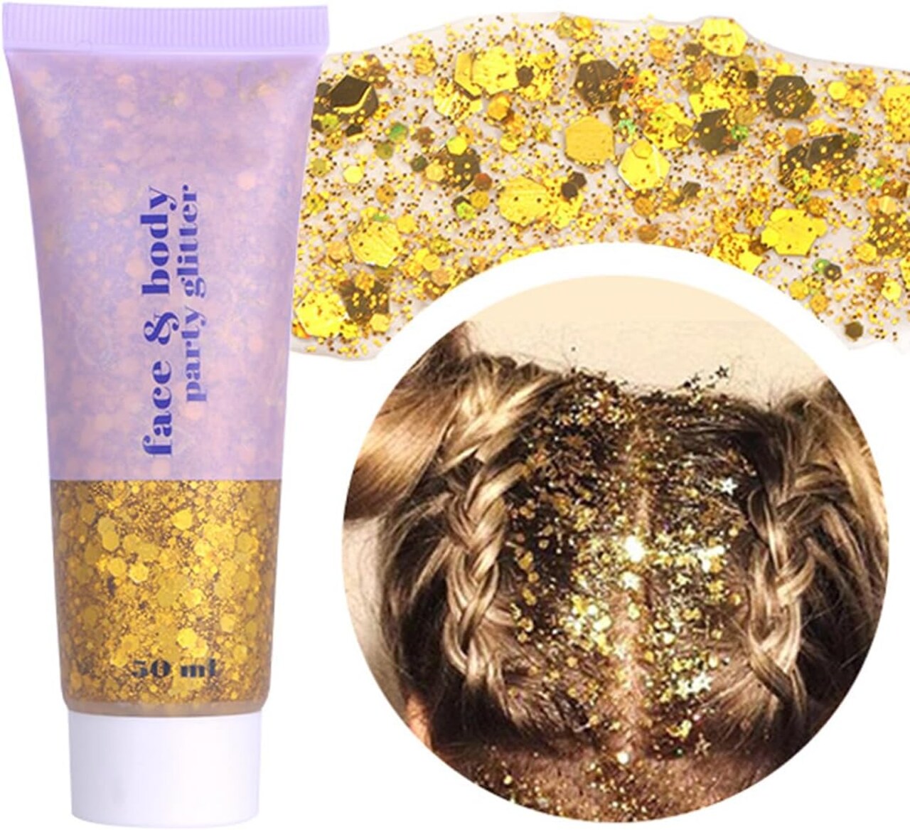 Gold Face & Body Glitter Gel – Holographic Chunky Festival Glitter for Music Concerts, Mardi Gras, Raves & Carnival Looks | Sparkling Hair & Body Sequins Gel, 50ml